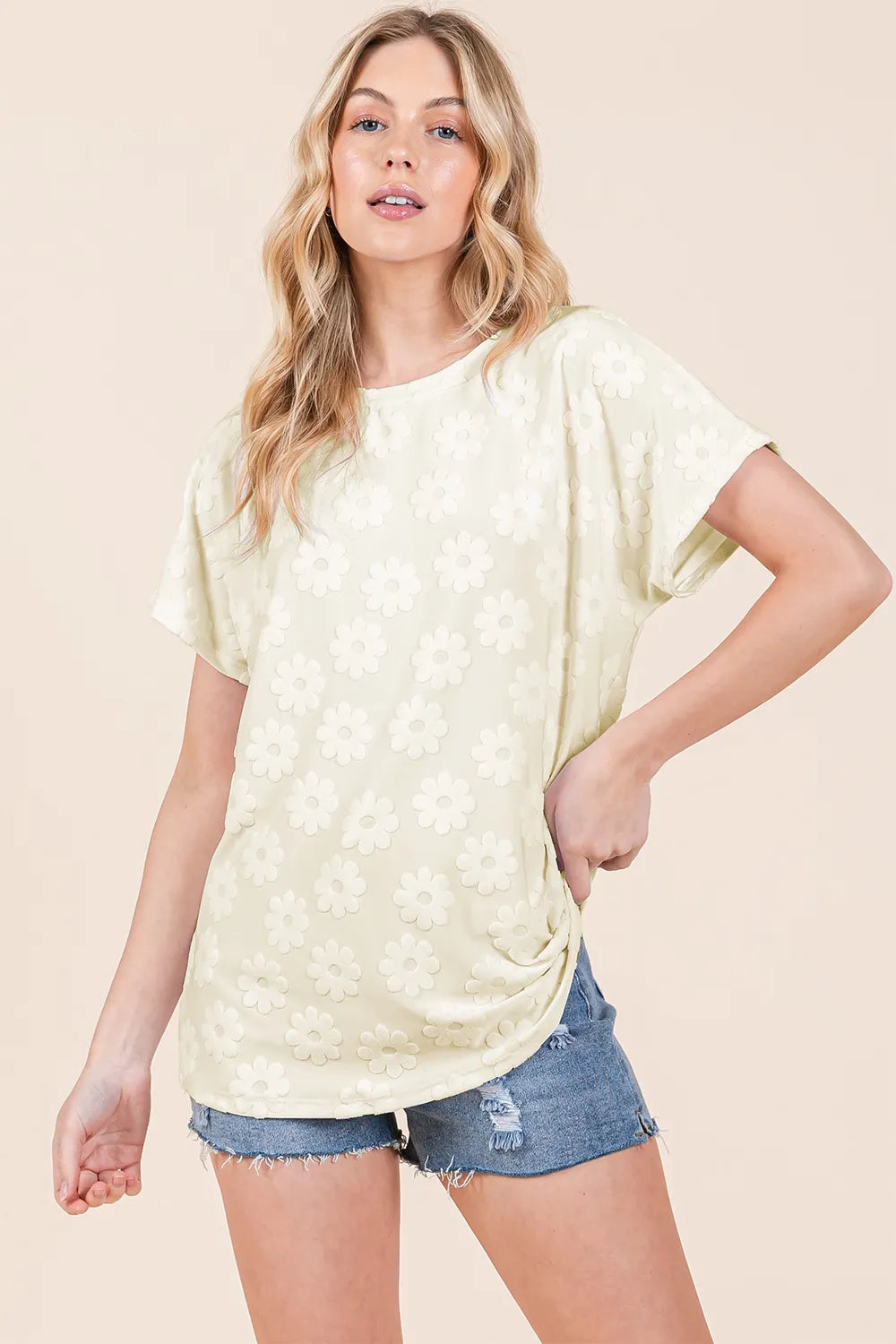 BOMBOM Textured Floral Pattern Short Sleeve T-Shirt - Lilixa.store