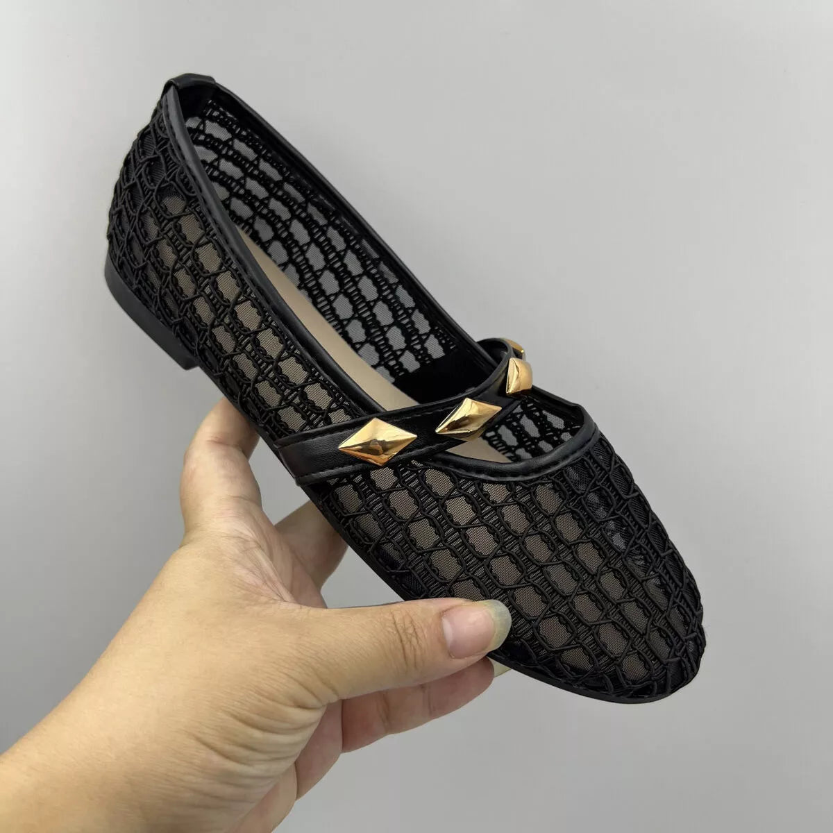 Breathable Mesh Loafers with Decorative Gold Studded Straps, view 3