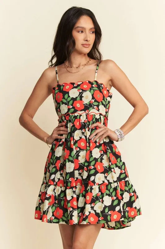 Davi & Dani Floral Scalloped Cutout Back Mini Dress - Lilixa.store