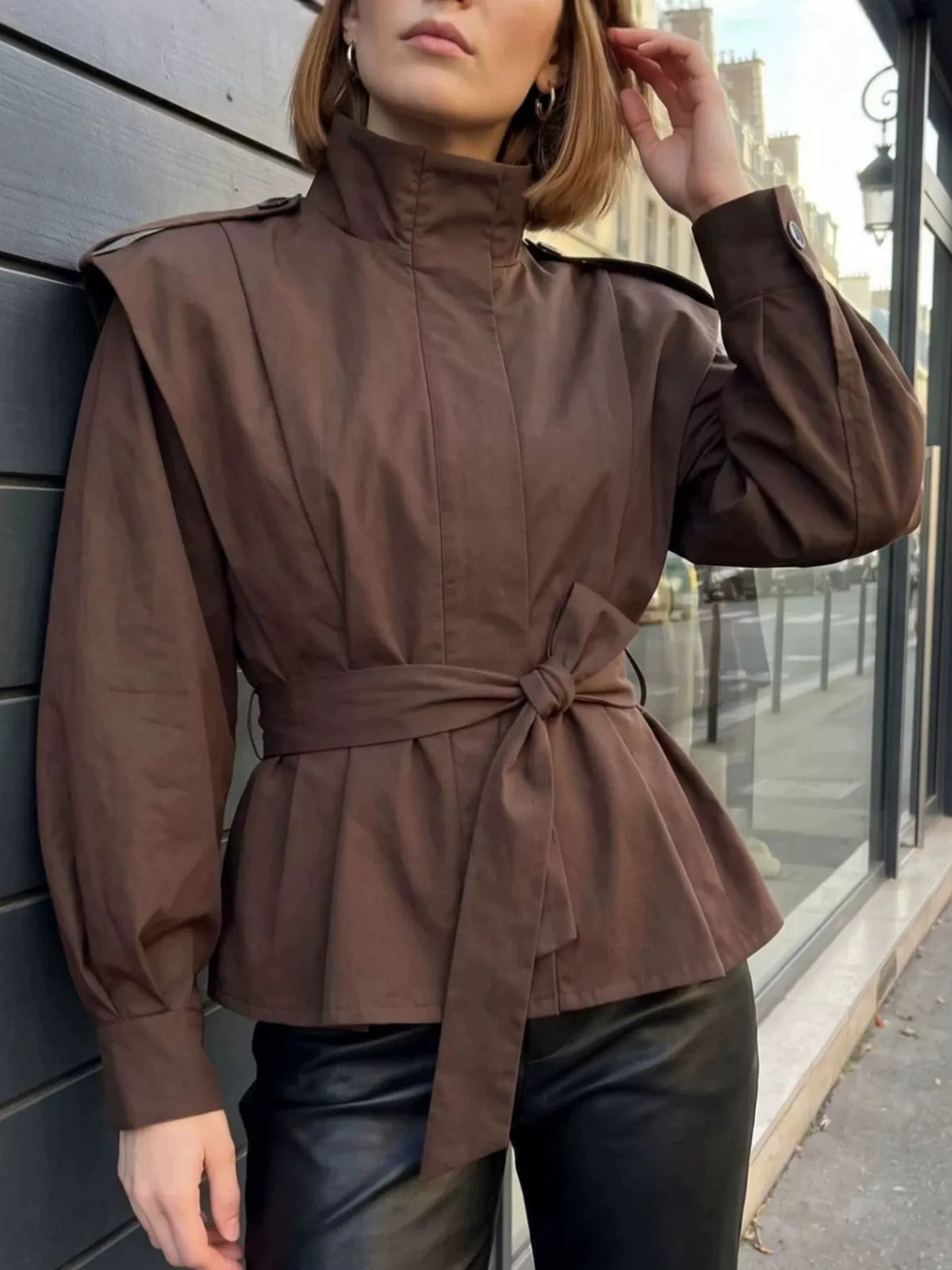 Stand-Collar Belted Outerwear - Lilixa.store