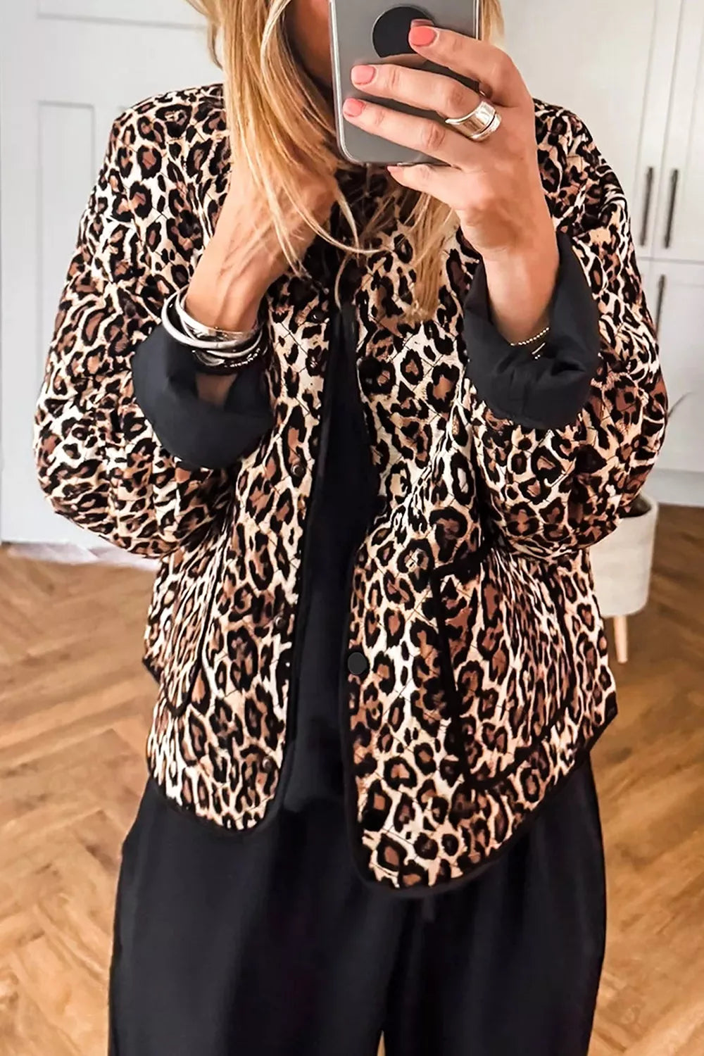 Leopard Print Quilted Button Front Patch Pockets Jacket - Lilixa.store