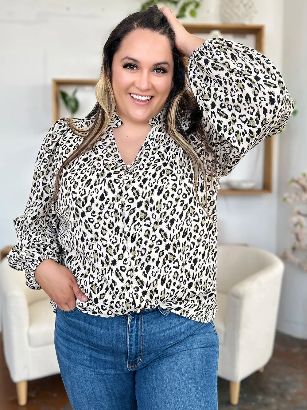 Double Take Full Size Leopard Long Sleeve Blouse - Lilixa.store