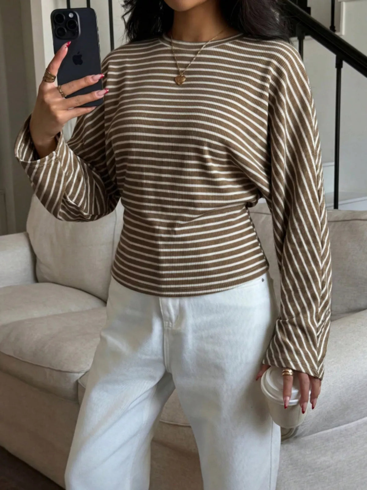 Casual Striped Long Sleeve Batwing T-Shirt, view 9