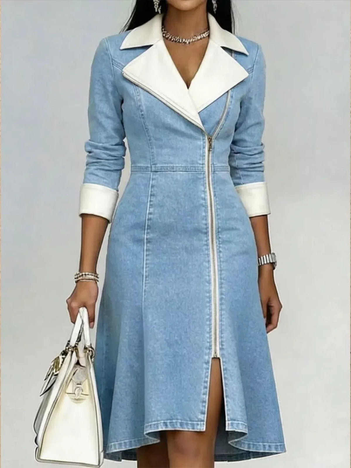 Full Size Contrast Lapel Zip-Front Denim Dress Plus Size