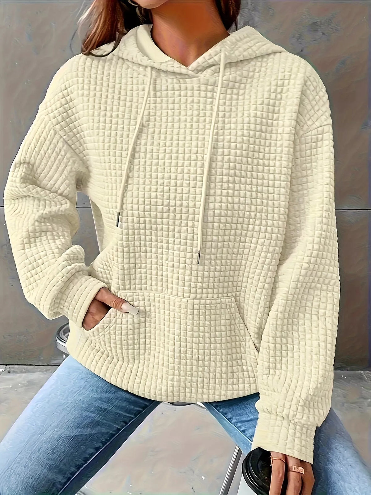 Textured Knit Drawstring Hoodie - Lilixa.store