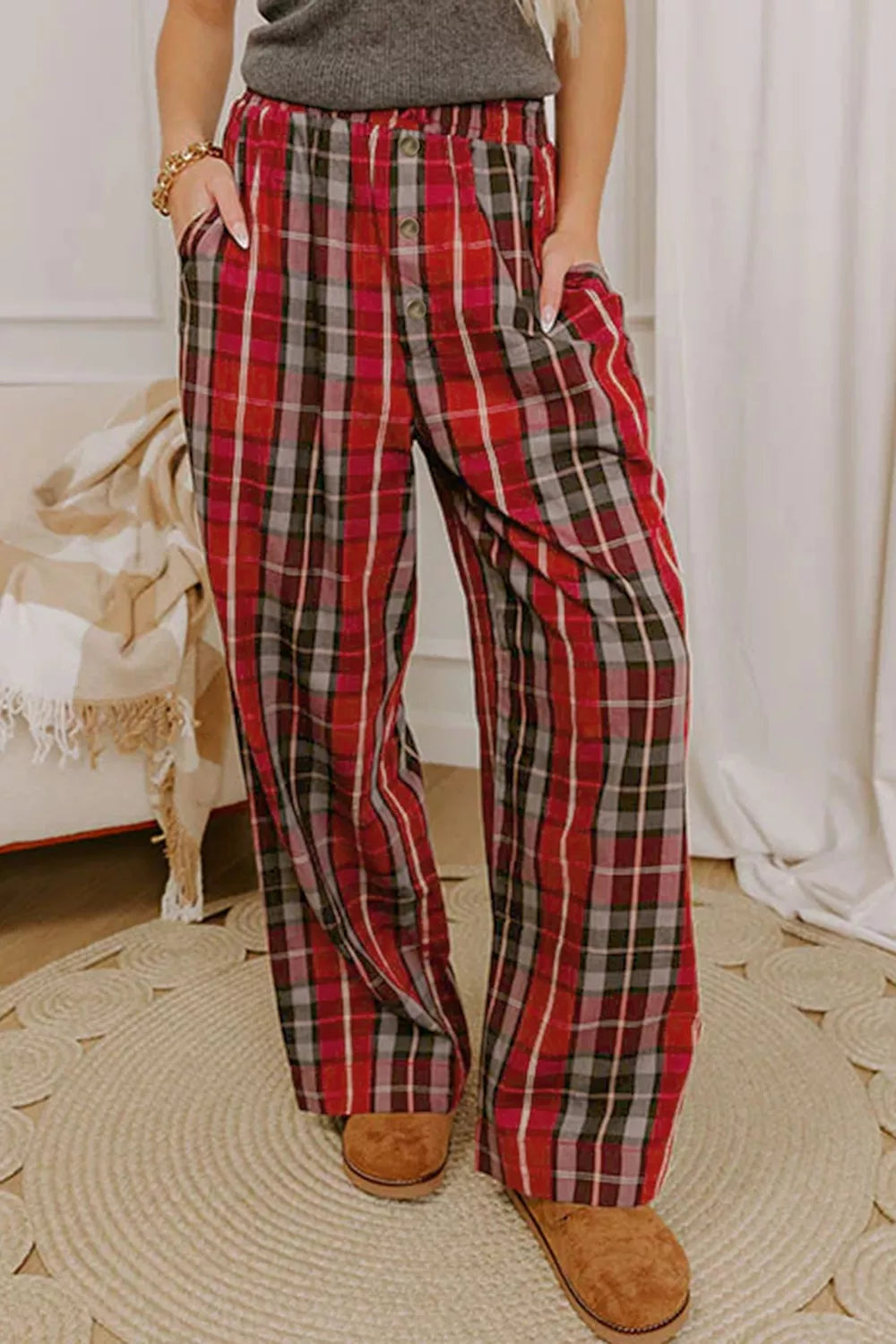 Plaid Elastic Waist Pocket Regular Full-Length Pants