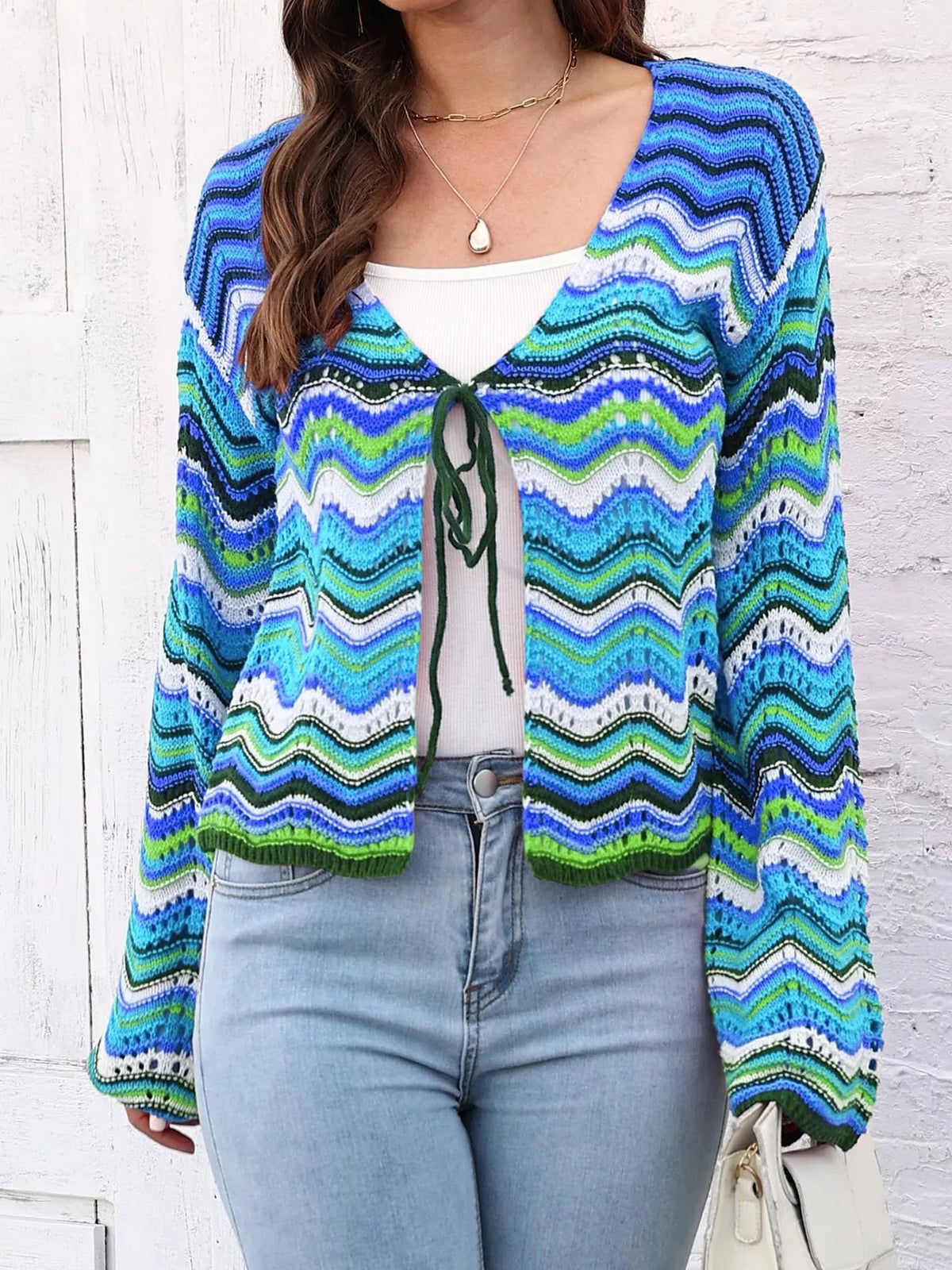 Vibrant Chevron Striped Tie-Front Knit Cardigan in Light Blue