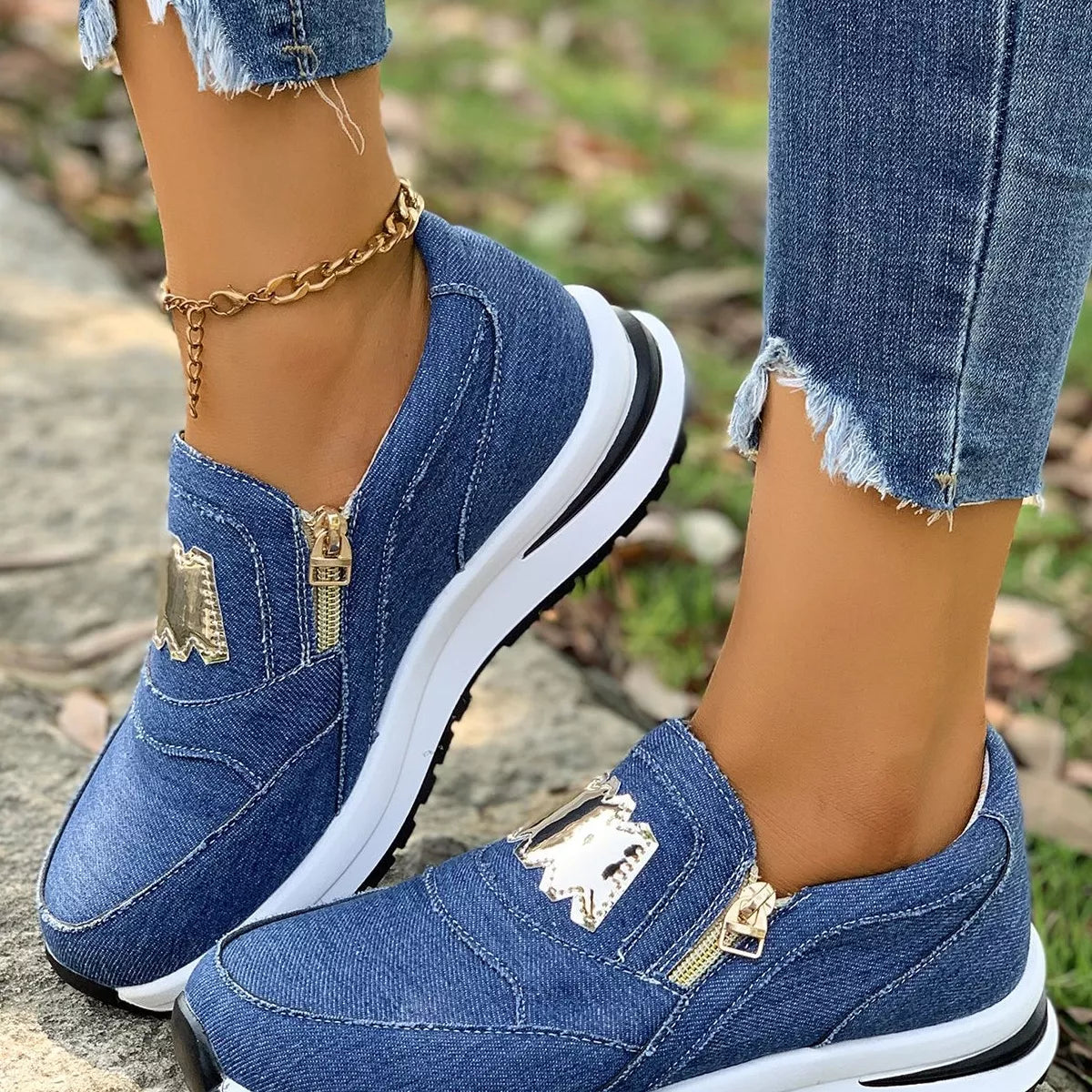 Round Toe Platform Slip-Ons in Blue