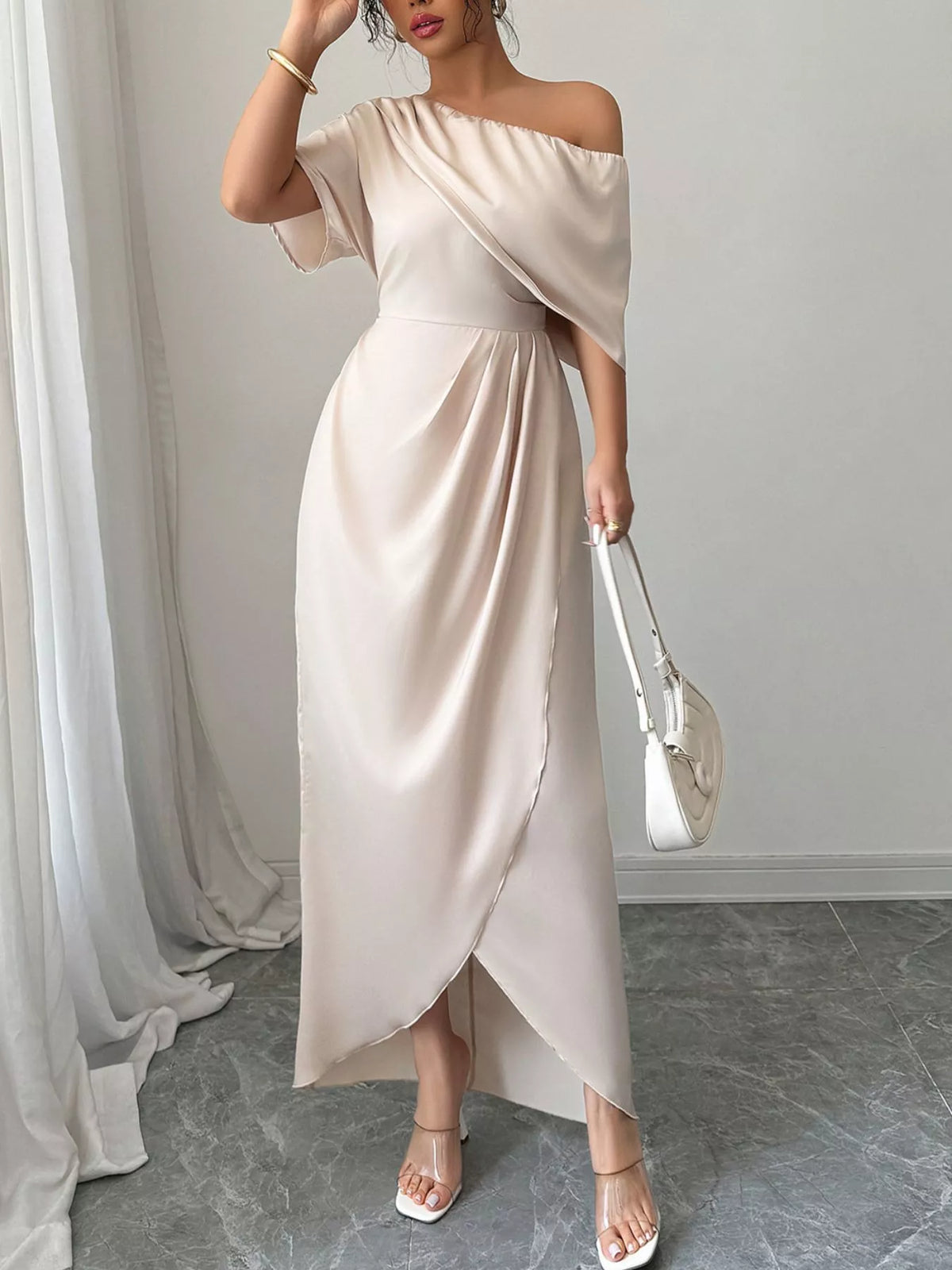 One-Shoulder Satin Maxi Dress - Lilixa.store