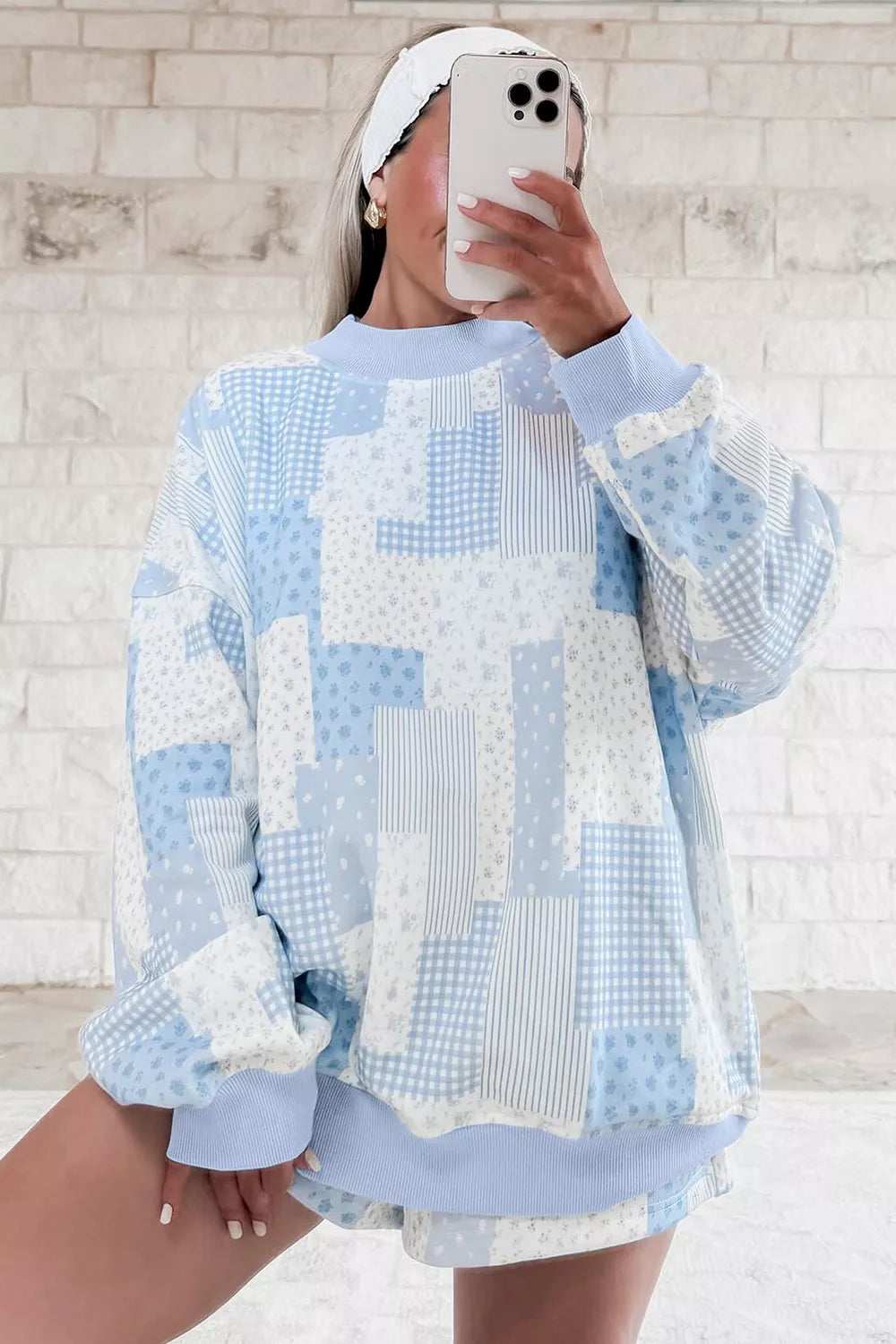 Patchwork Floral Print Stand Neck Long Sleeve Two-piece Outfit Plus Size Set - Lilixa.store