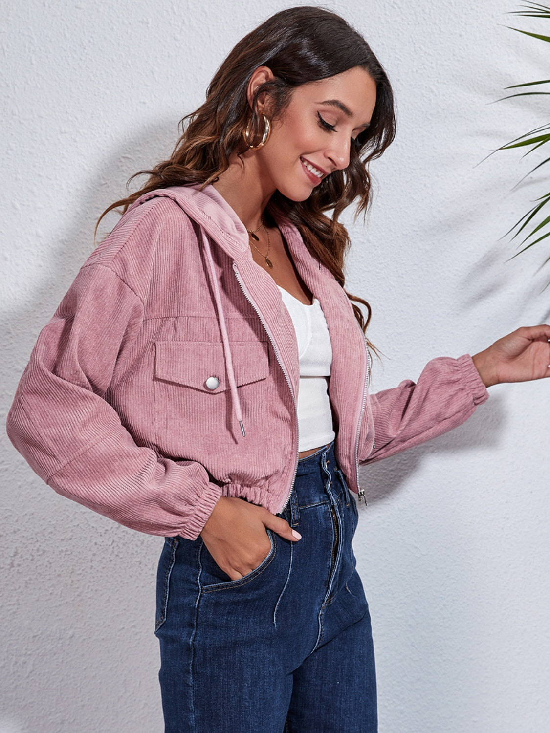 Drawstring Hooded Zip Up Jacket with Pockets, view 2