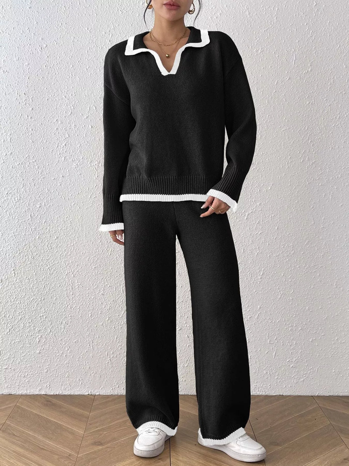 Contrast Trim Polo Collar Top and Pants Sweater Set - Lilixa.store