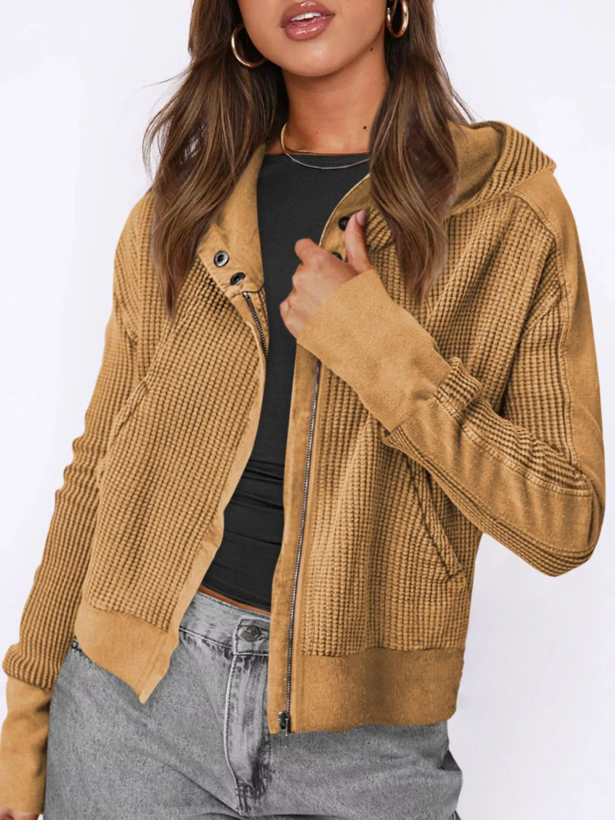 Waffle Knit Zip-Up Jacket