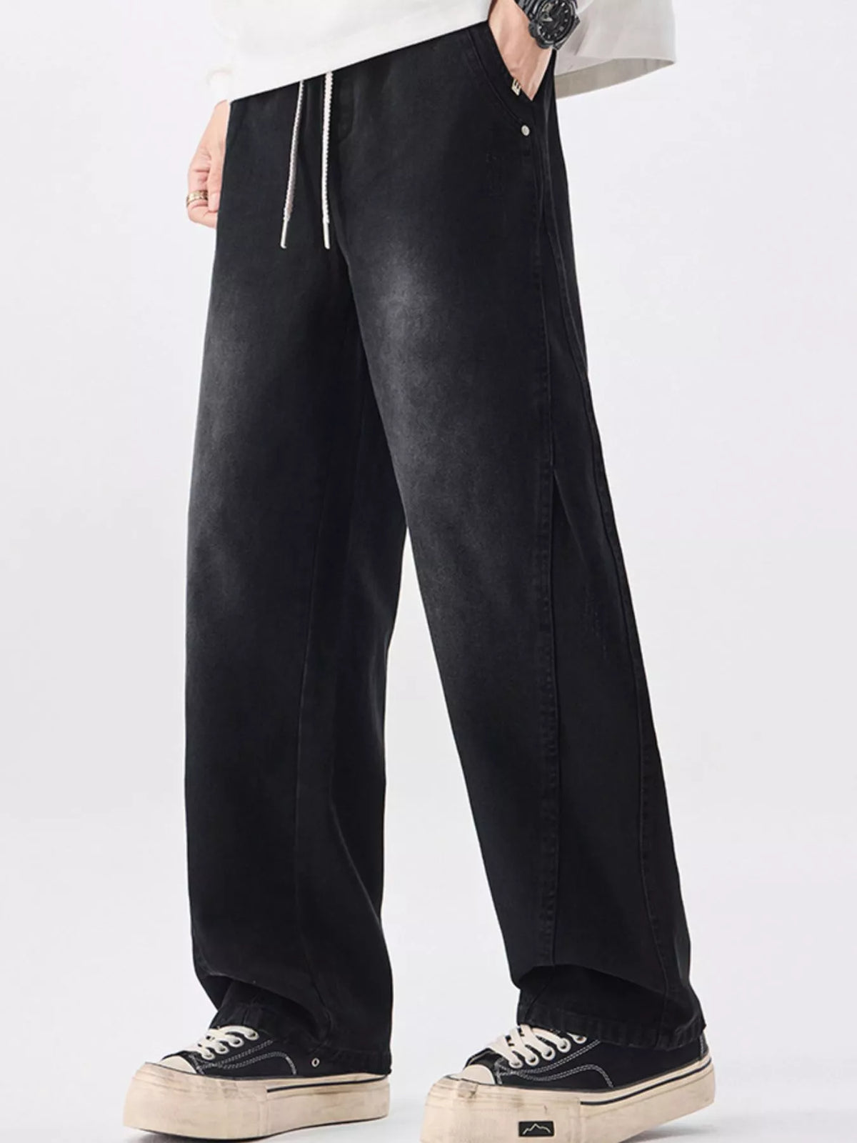 Men's Plus Size Vintage Wash Wide Leg Pants in Black
