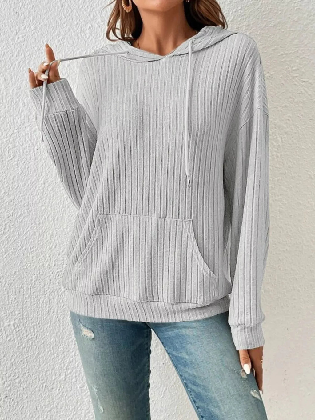Casual Ribbed Knit Drawstring Hoodie - Lilixa.store