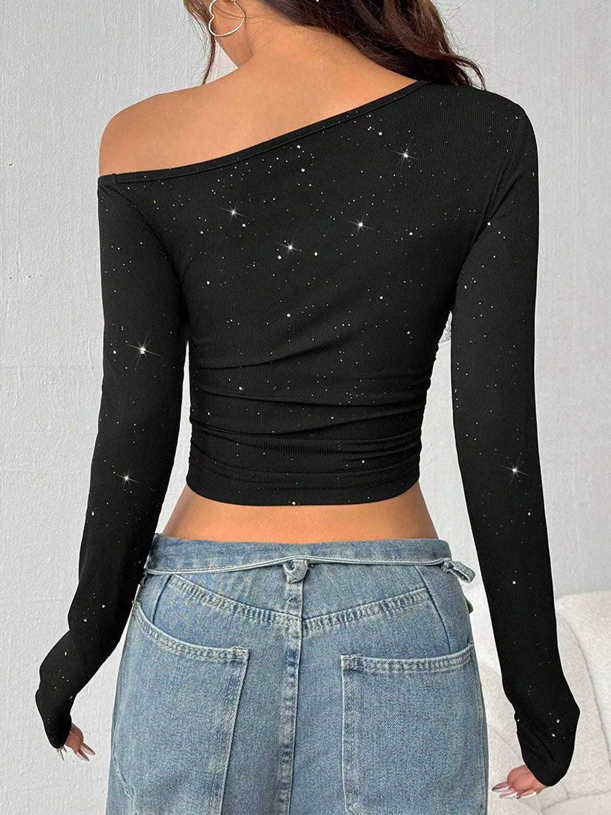 Glitter One-Shoulder Long Sleeve Crop T-Shirt, view 4