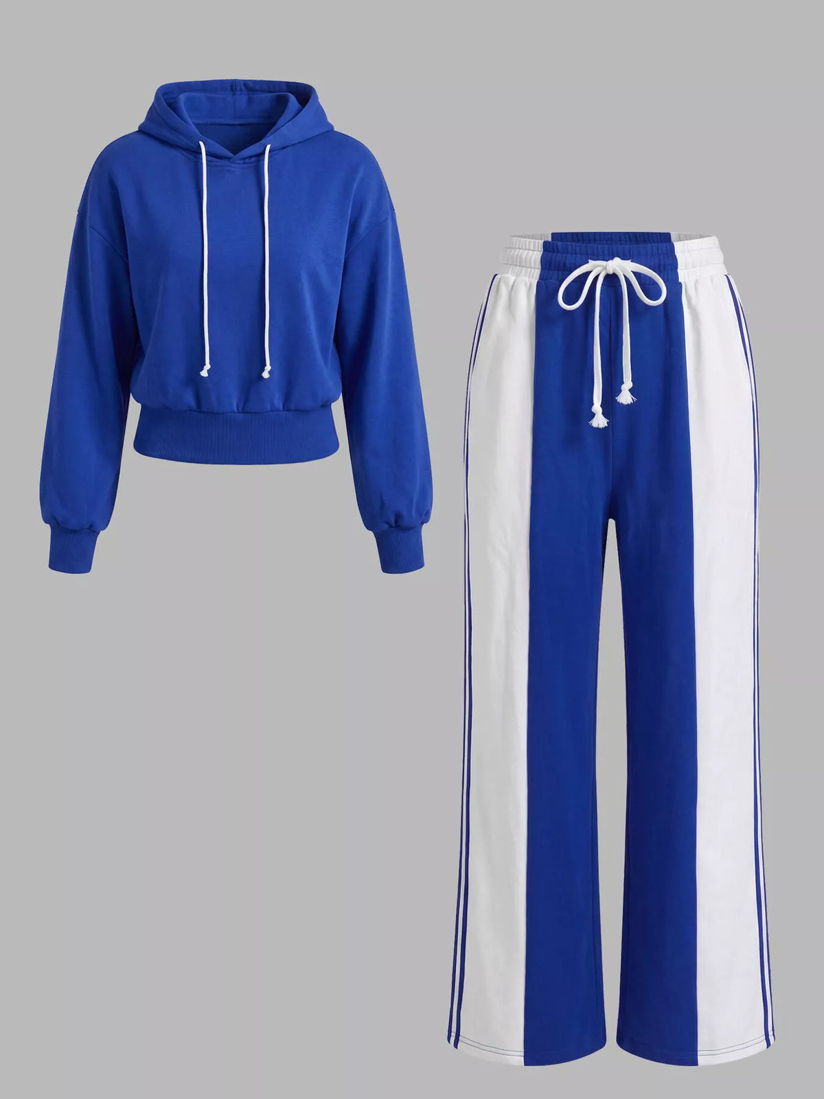 Drawstring Hoodie and Color-Block Wide-Leg Pants Set