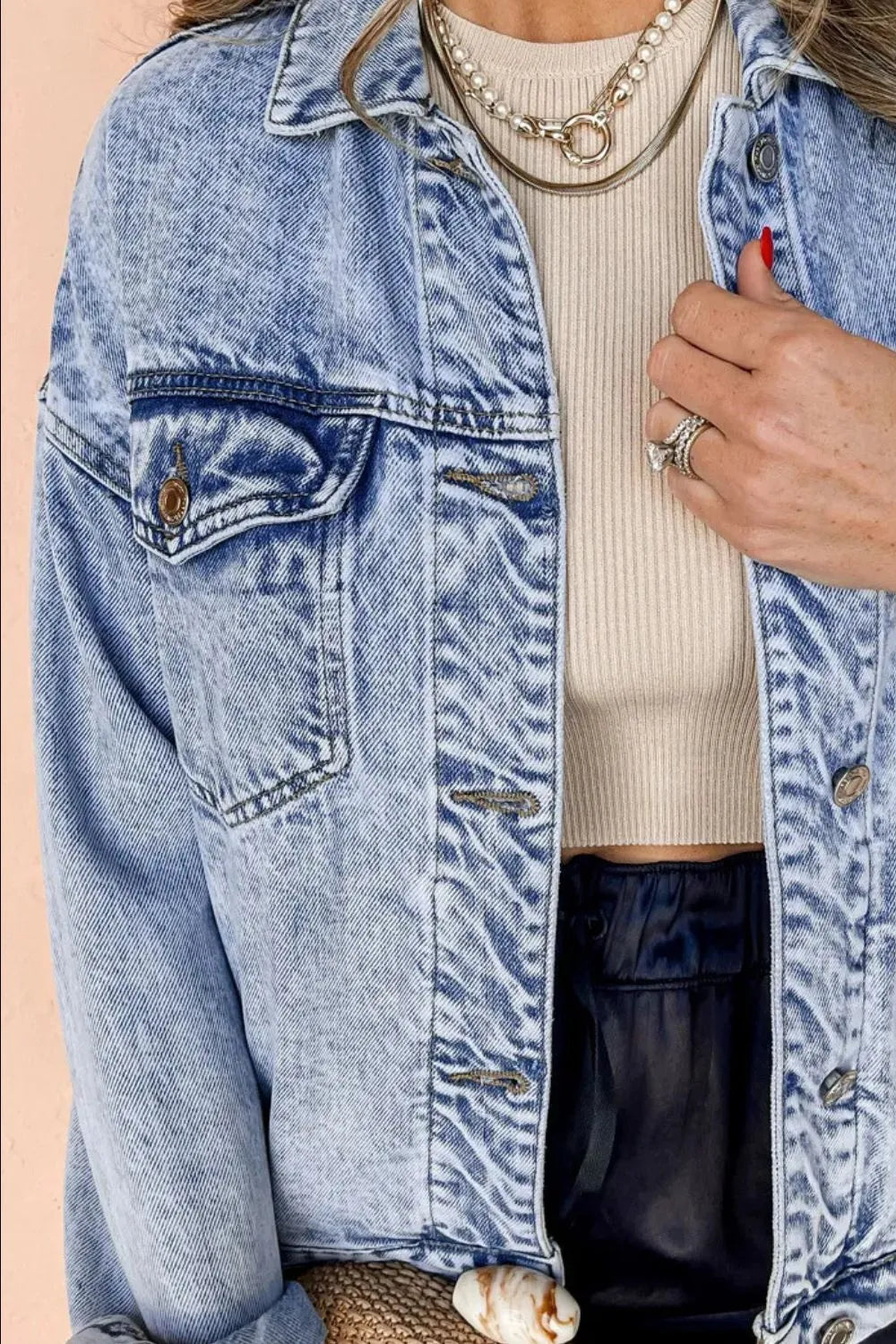 Pocketed Button Up Dropped Shoulder Denim Jacket, view 3