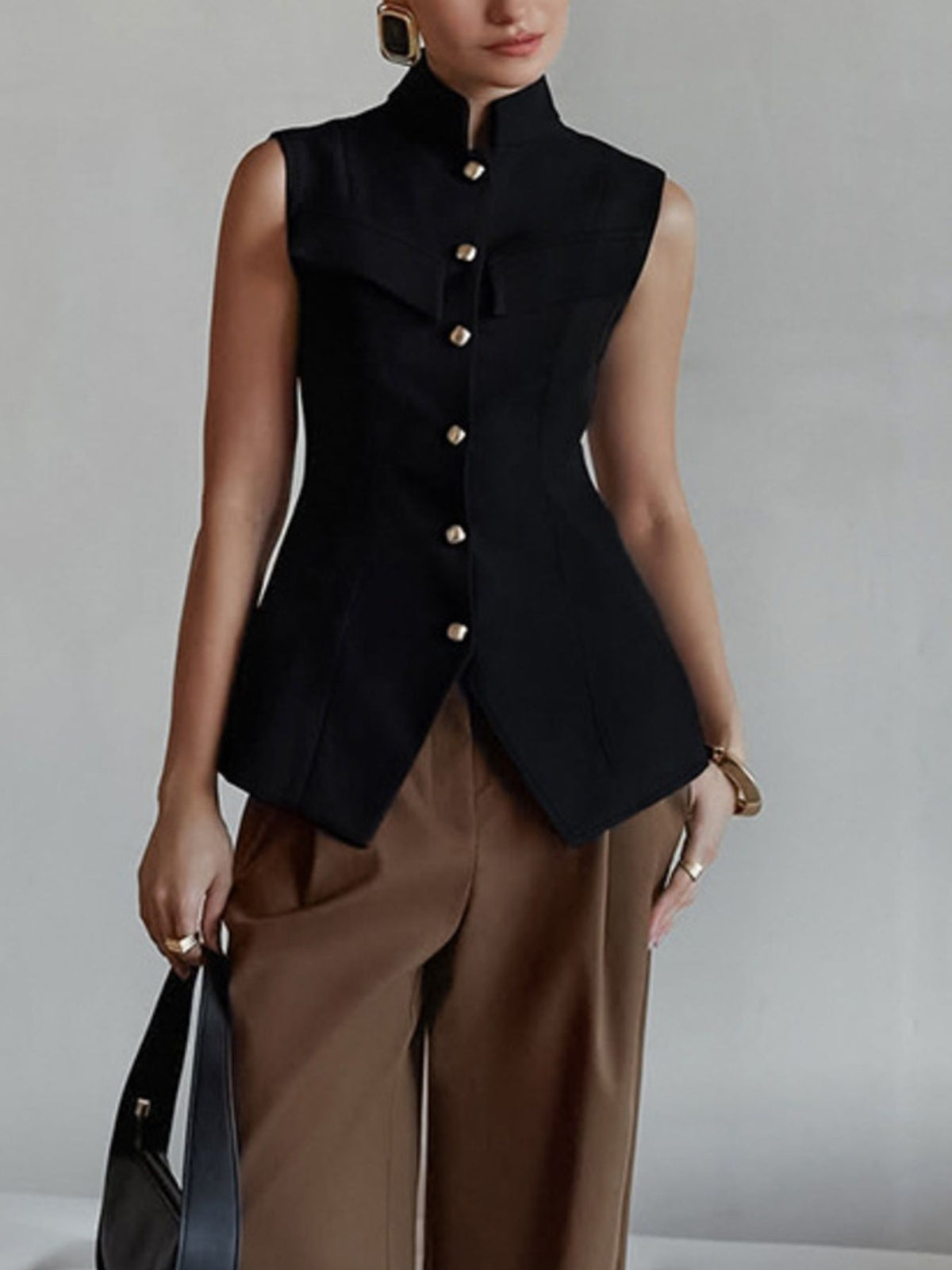 Stand Collar Button-Down Vest Coat - Lilixa.store