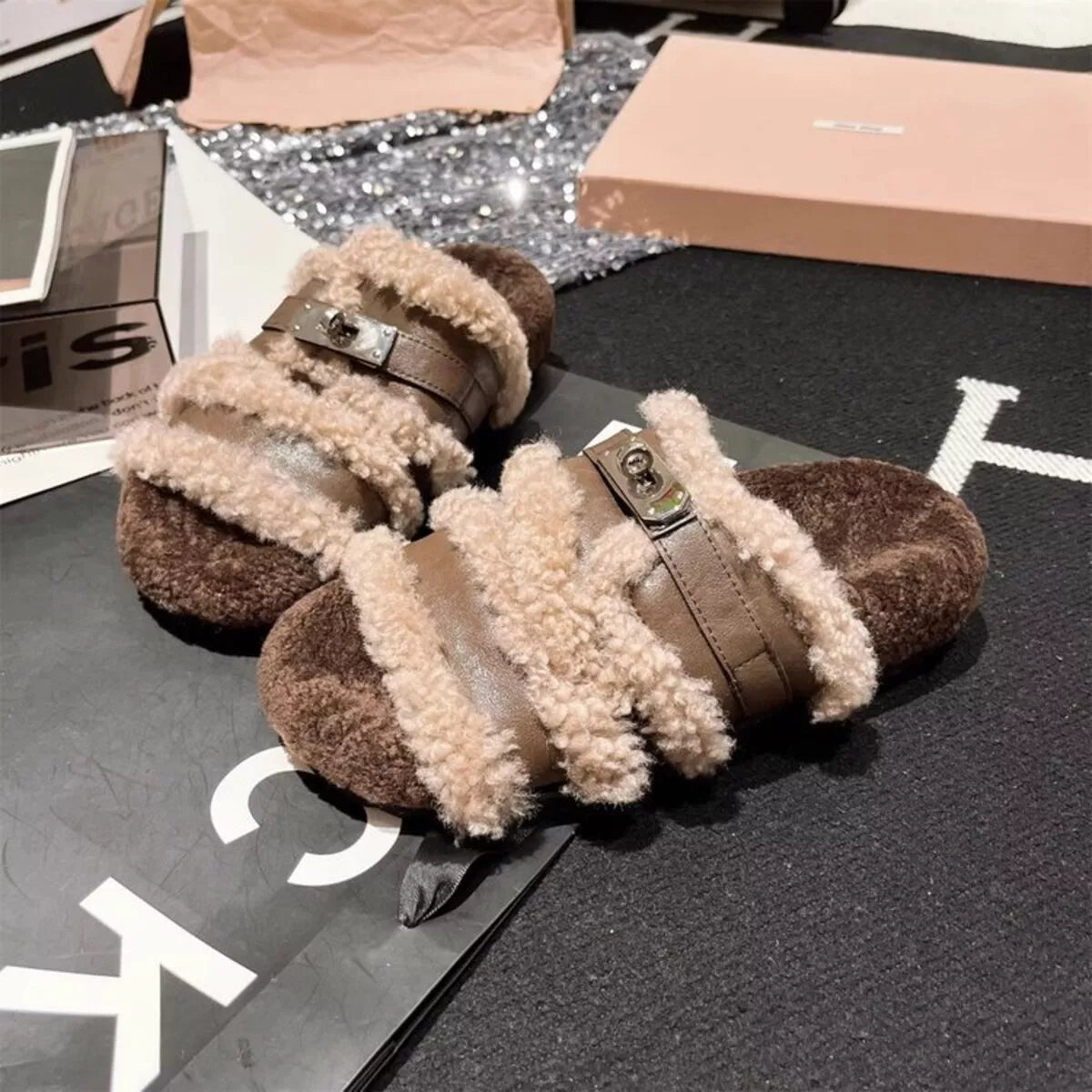 Fuzzy Buckle Accent Plush Slippers - Lilixa.store