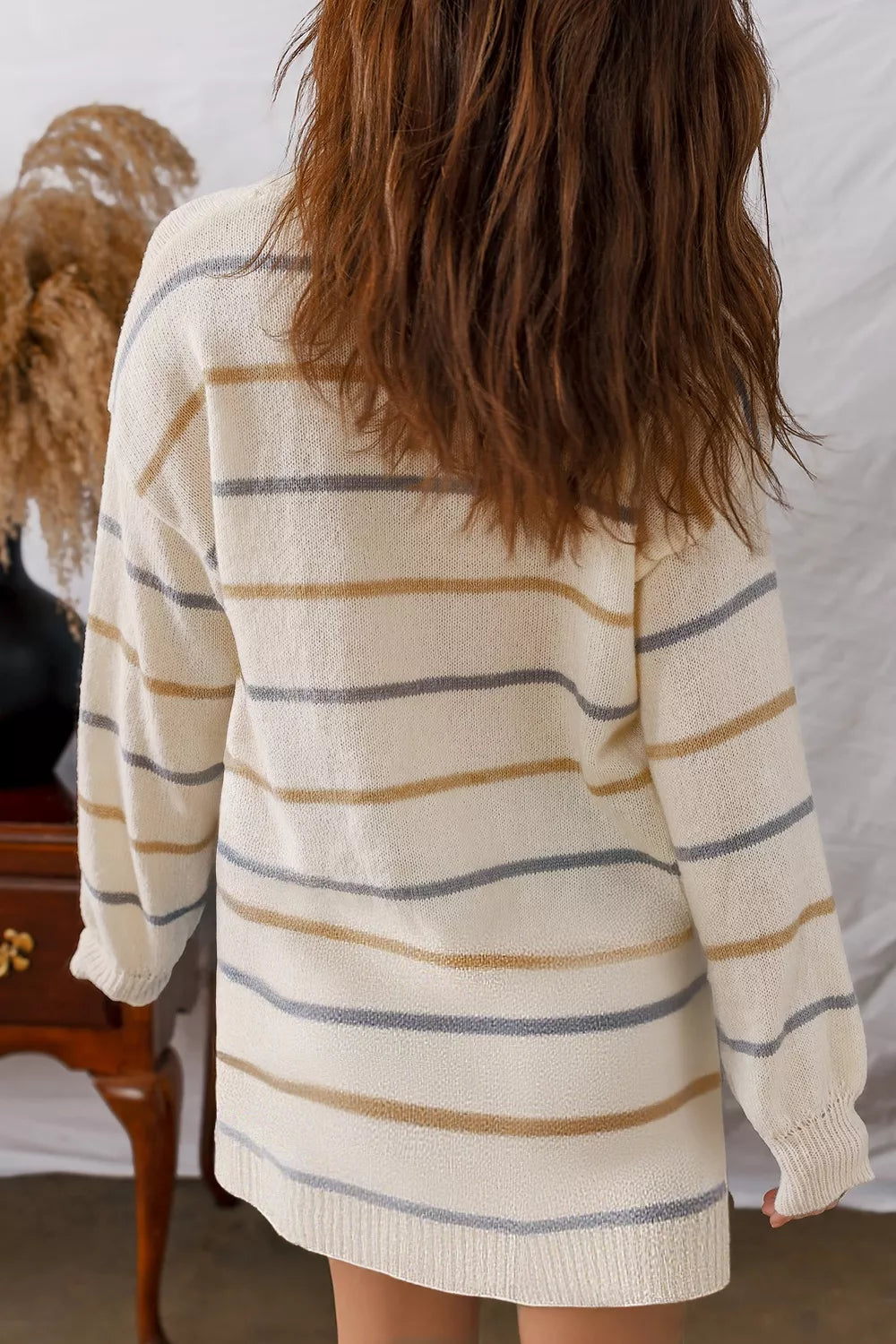 Striped Dropped Shoulder Oversized Sweater Dress in Beige, view 2