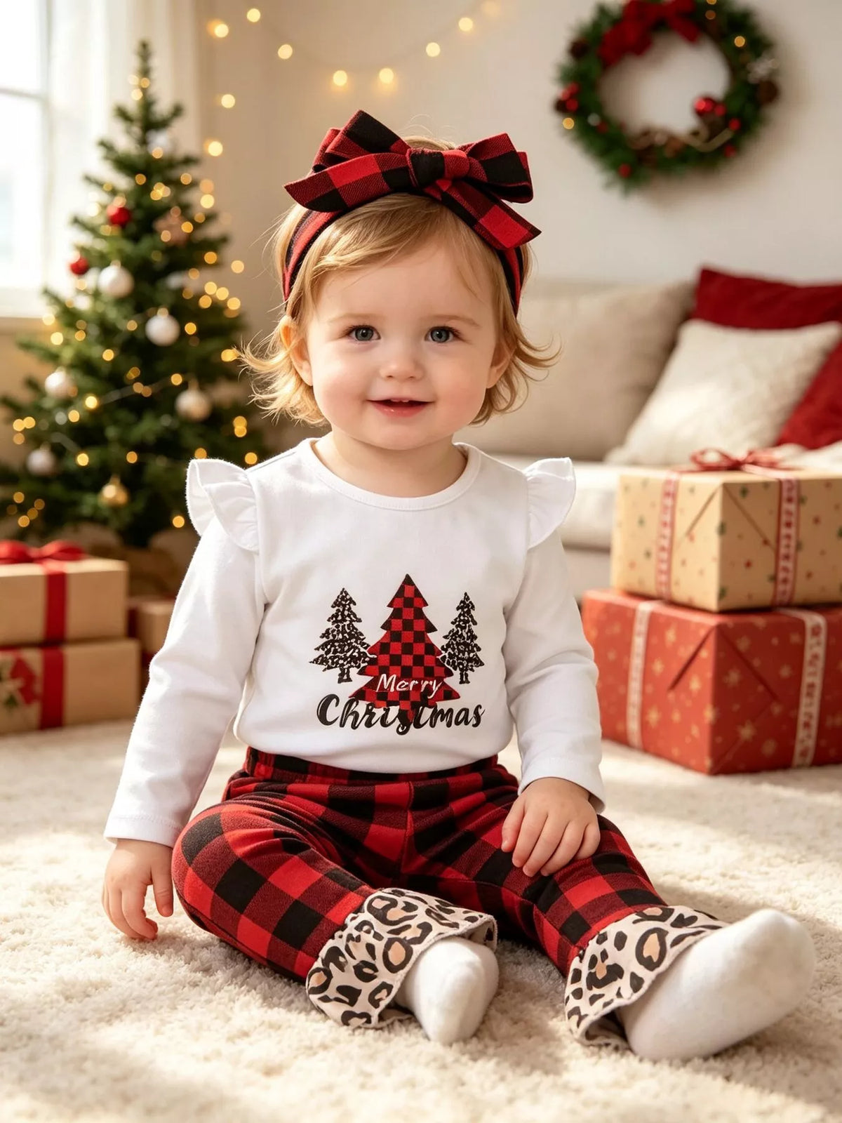 Children's Christmas Tree Graphic Top and Plaid Ruffle Pants Set with Headband in Red, view 2