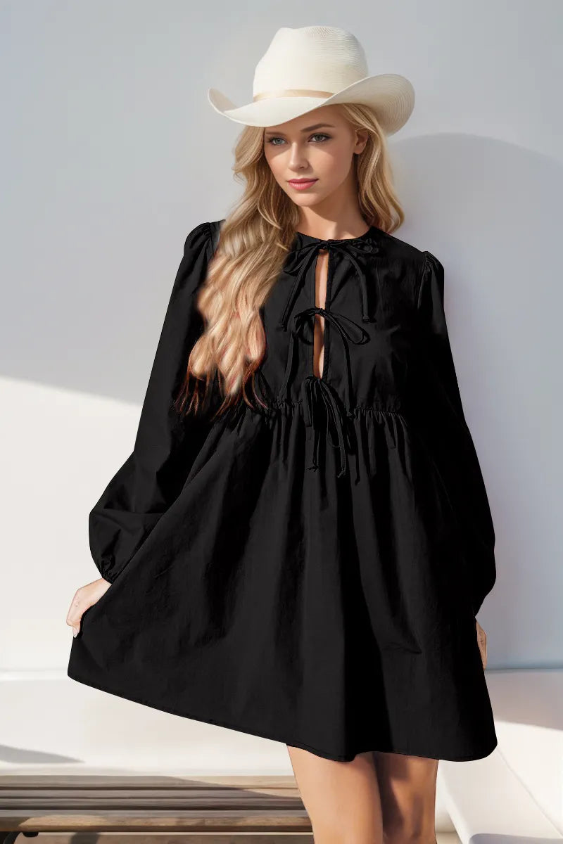 Double Take Christmas Front Tied Long Sleeve Mini Dress in Black