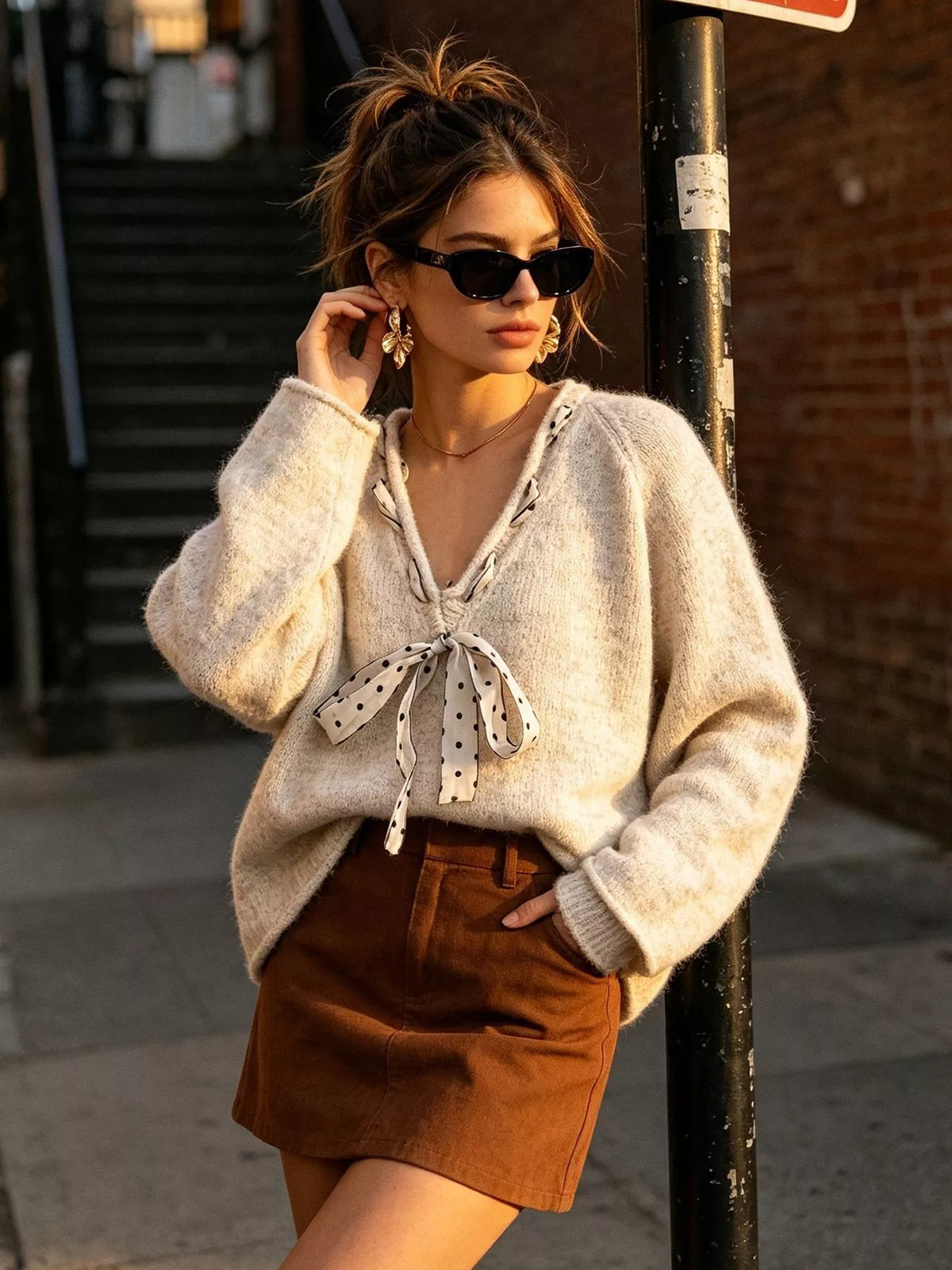 Chic V-Neck Sweater with Polka Dot Ribbon Tie in Apricot Color