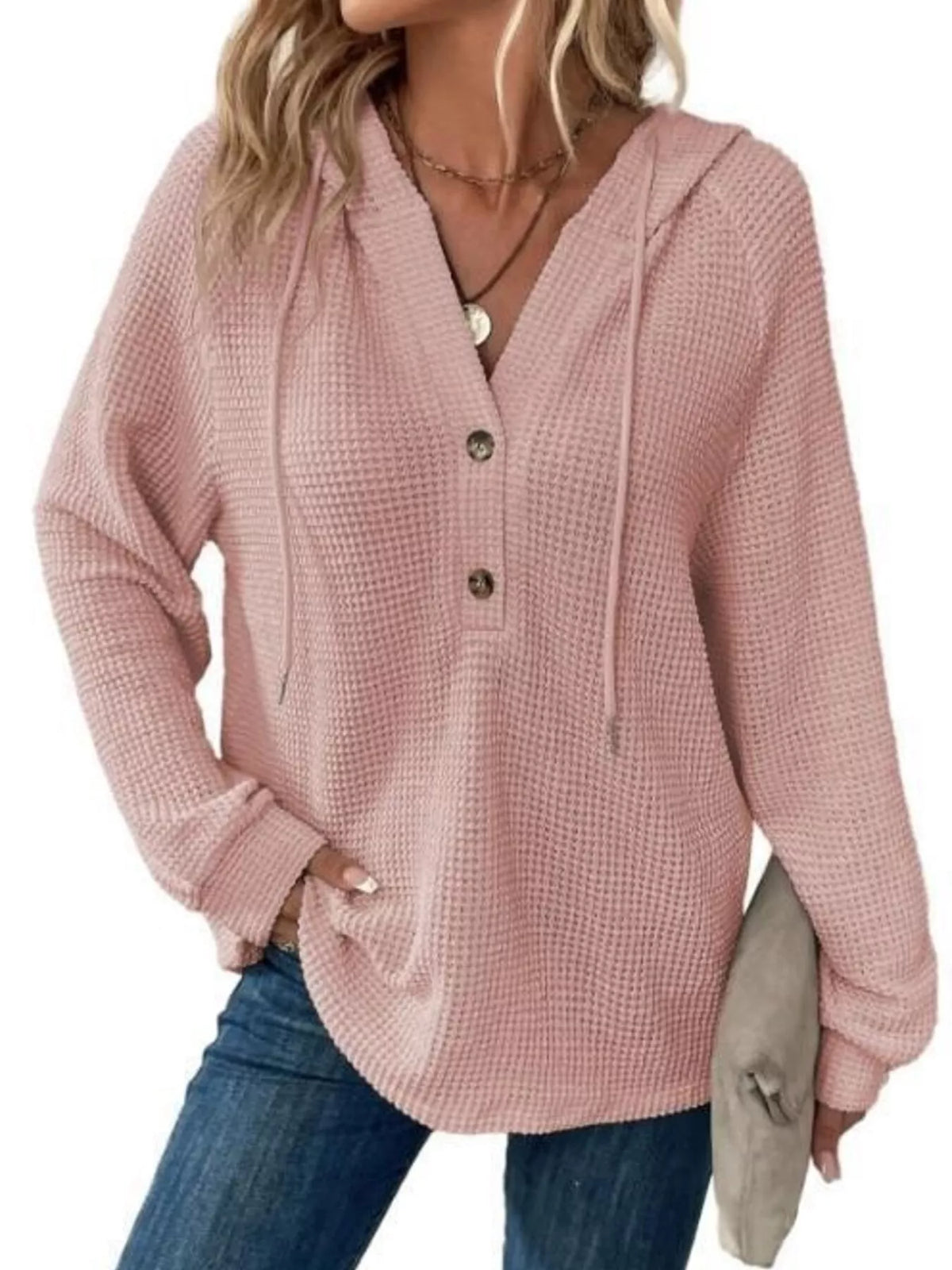 Full Size Waffle Knit Half-Button Hoodie Plus Size - Lilixa.store
