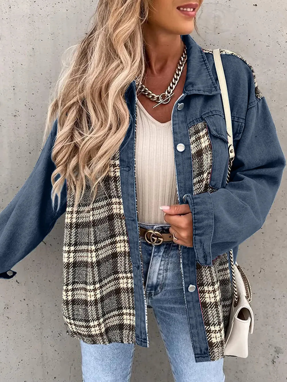 Plaid Button Up Dropped Shoulder Jacket in Dusty Blue