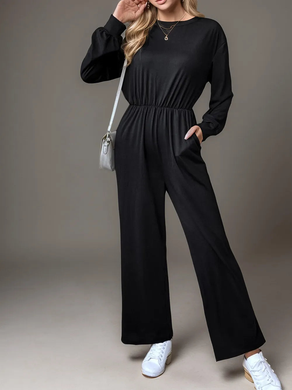 Tied Round Neck Wide Leg Jumpsuit in Black, view 3