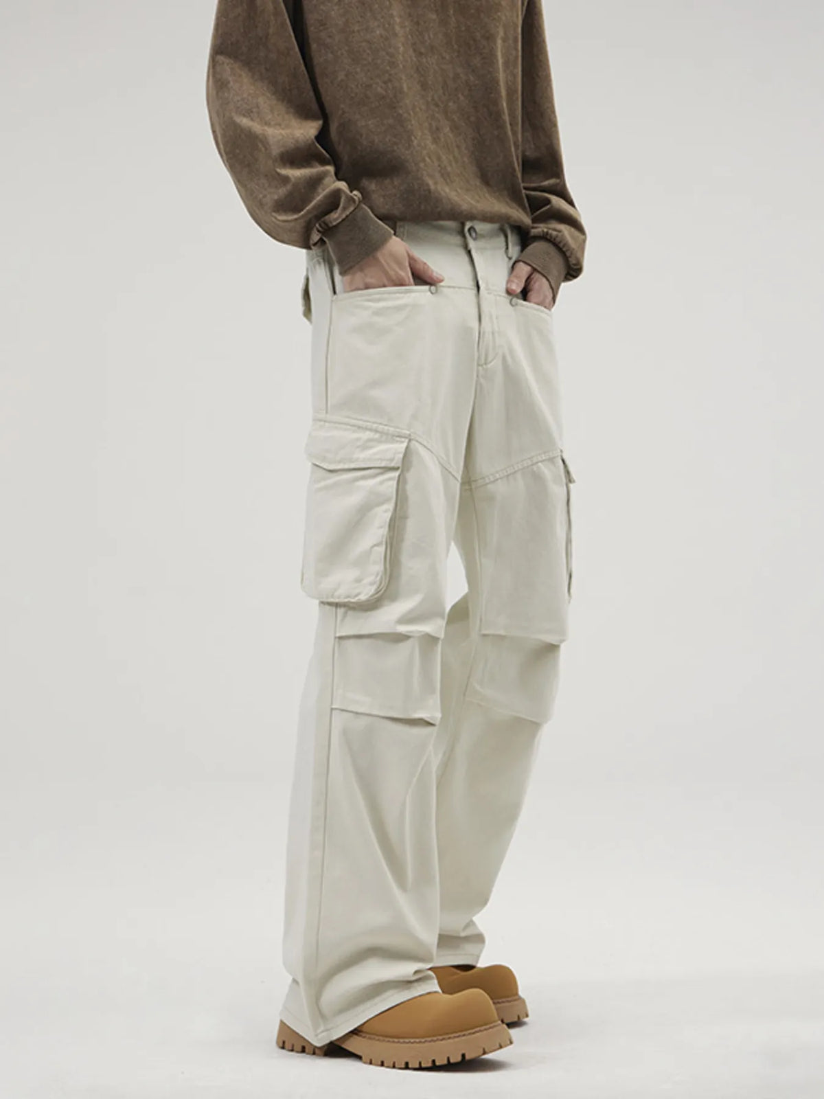 Men's Full Size Loose Fit Cargo Pants Plus Size in Apricot White, view 3