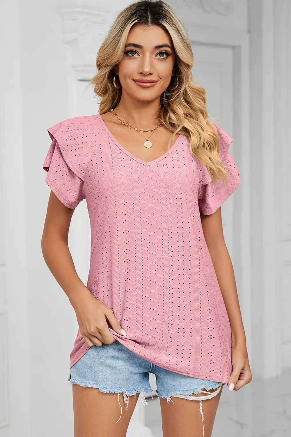 Eyelet V-Neck Short Sleeve T-Shirt - Lilixa.store