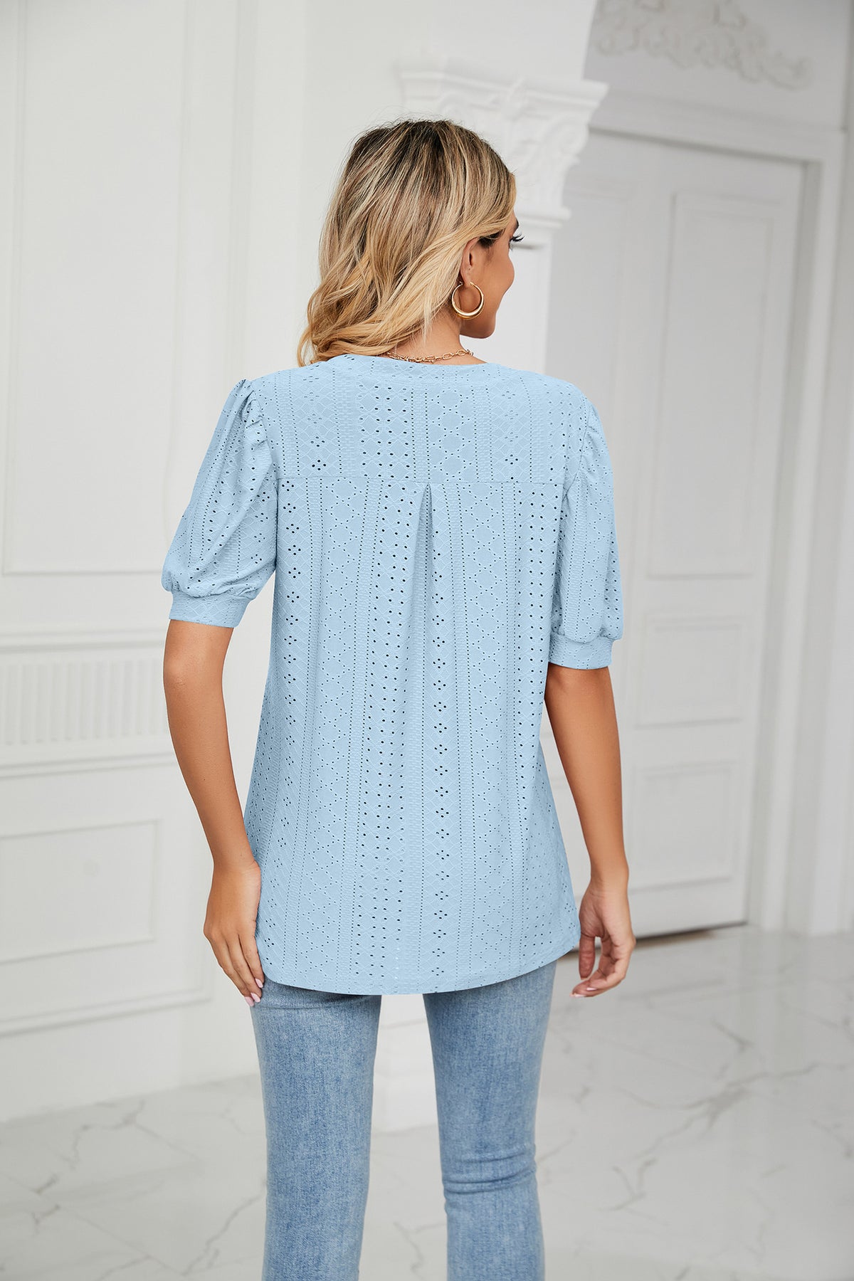 Eyelet Short Puff Sleeve Notched Neck Top, view 9