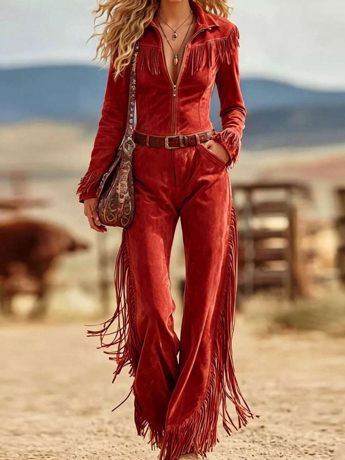 Western-Inspired Suede Fringe Jumpsuit with Zipper Front, view 3