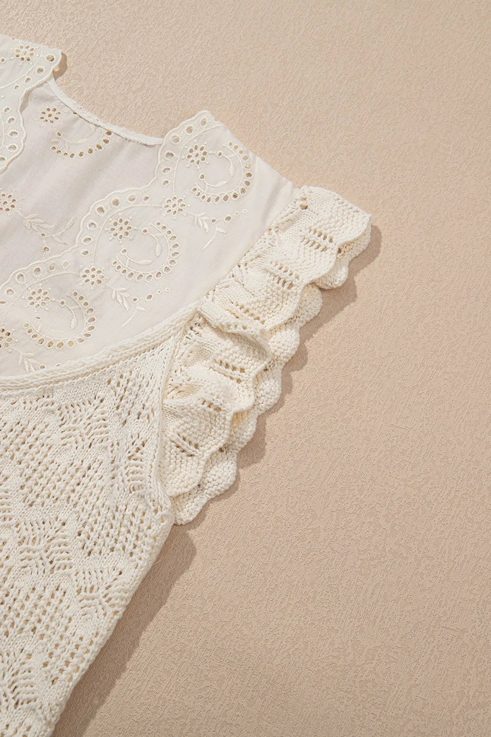Embroidered Patchwork Hollow Out Knitted Ruffle Sweater Vest in Beige, view 10