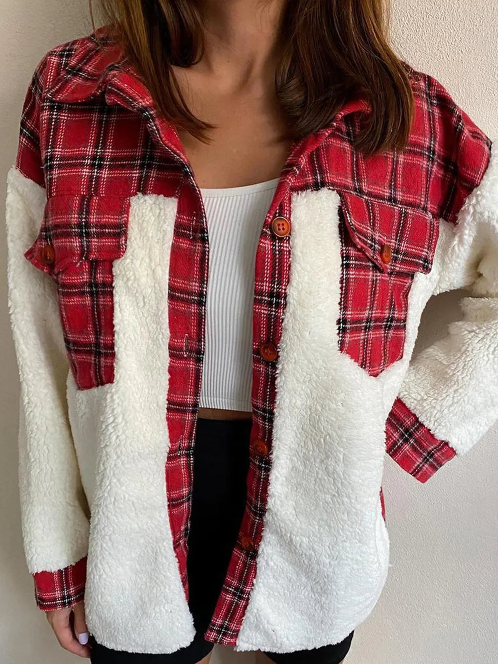 Fuzzy Button Up Long Sleeve Jacket in Deep Red
