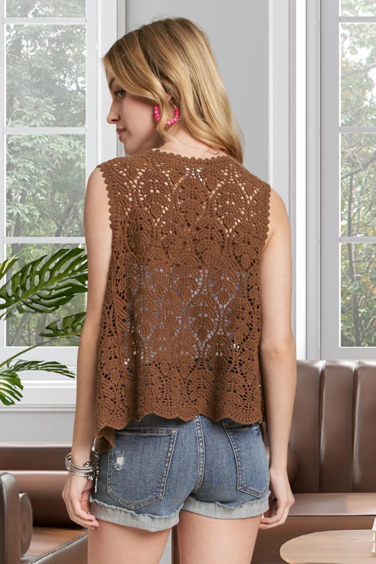 ADORA Crochet Vest With Scallop Hem in Mocha, view 3