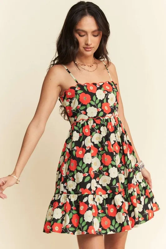 Davi & Dani Floral Scalloped Cutout Back Mini Dress - Lilixa.store