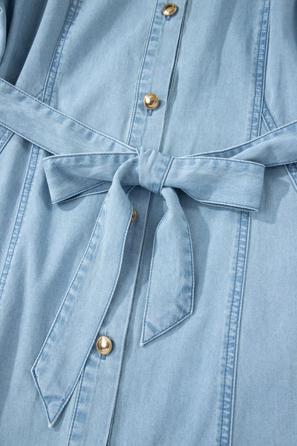 Full Buttons Collared Short Bubble Sleeve Long Denim Dress in Light Blue, view 13