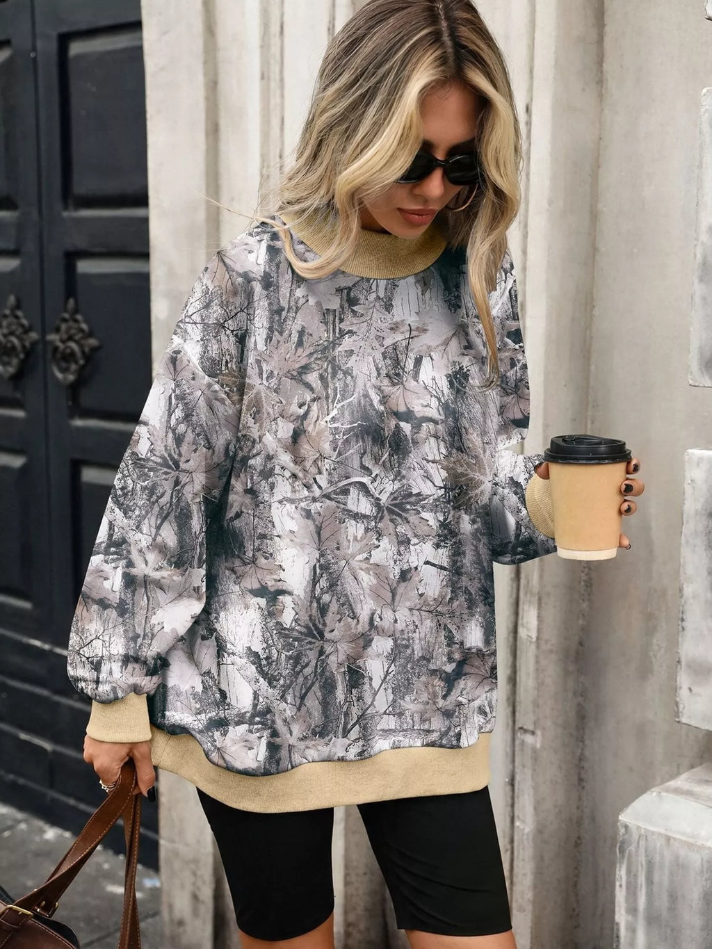 Camouflage Print Mock Neck Sweatshirt - Lilixa.store