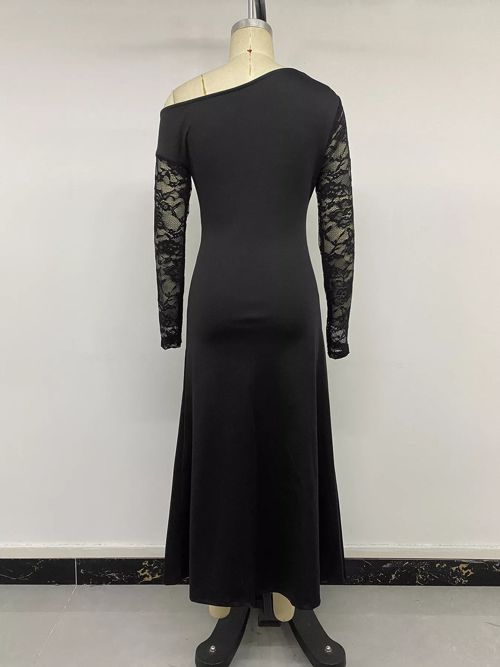 One-Shoulder Lace Sleeve Maxi Dress - Lilixa.store