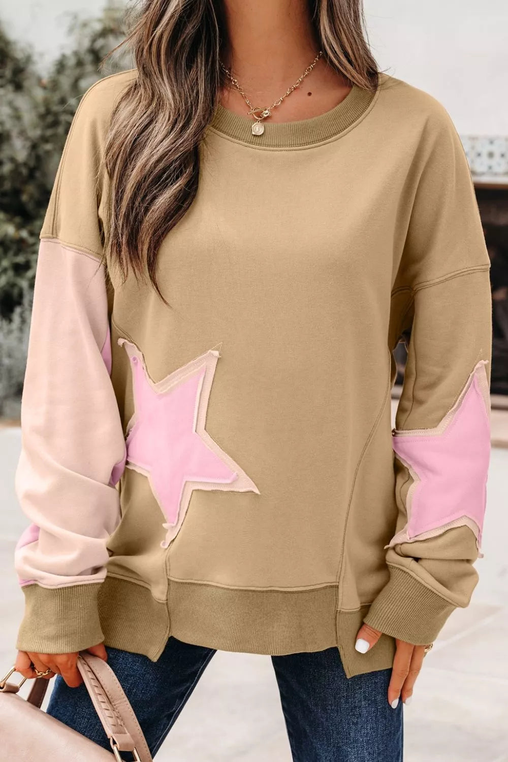 Star Patch Crew Neck Sweatshirt in Tan, view 5