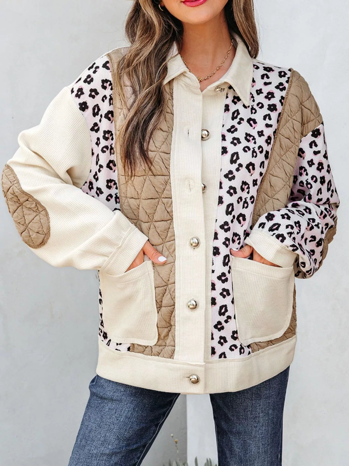 Leopard Waffle Quilted Patchwork Button Front Jacket in Camel, view 3