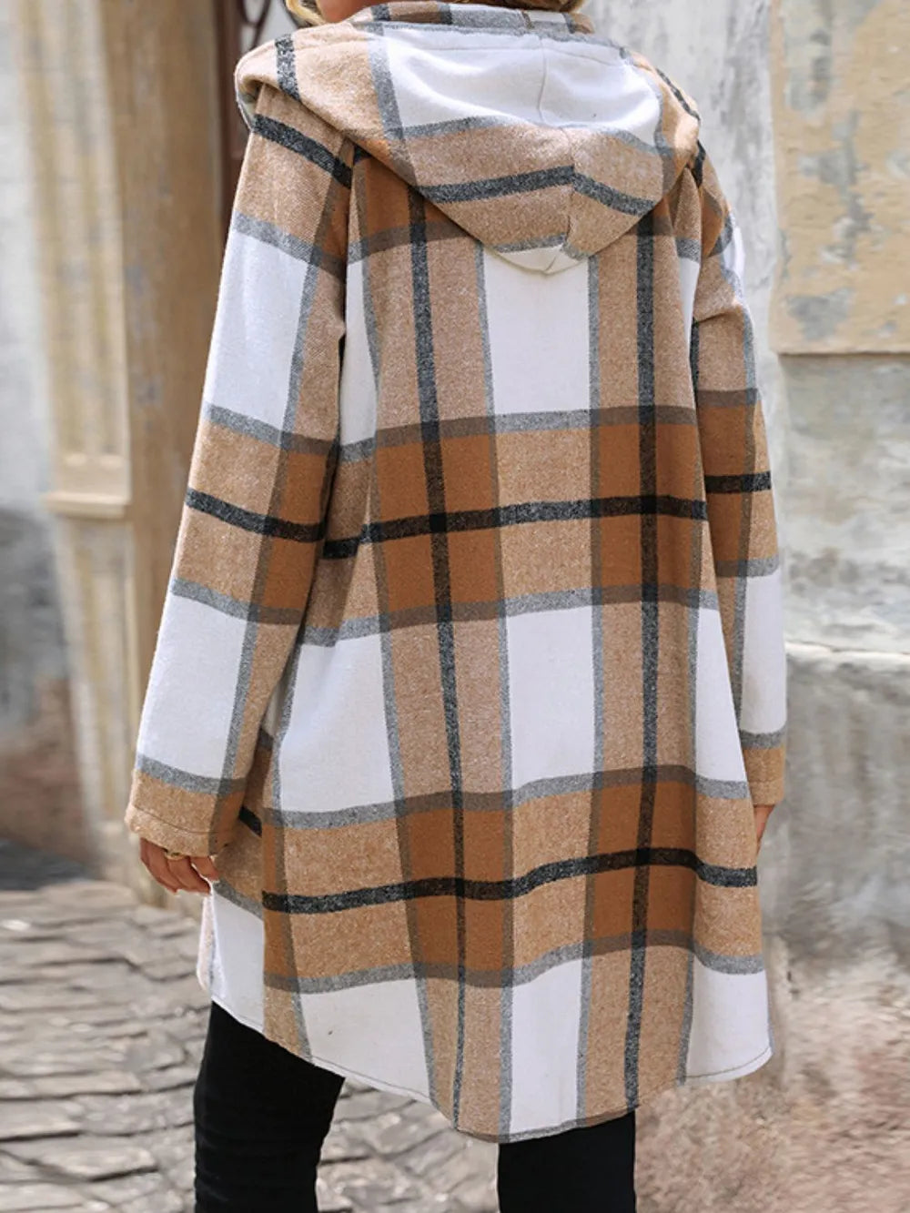 Drawstring Plaid Zip Up Long Sleeve Hooded Outerwear - Lilixa.store