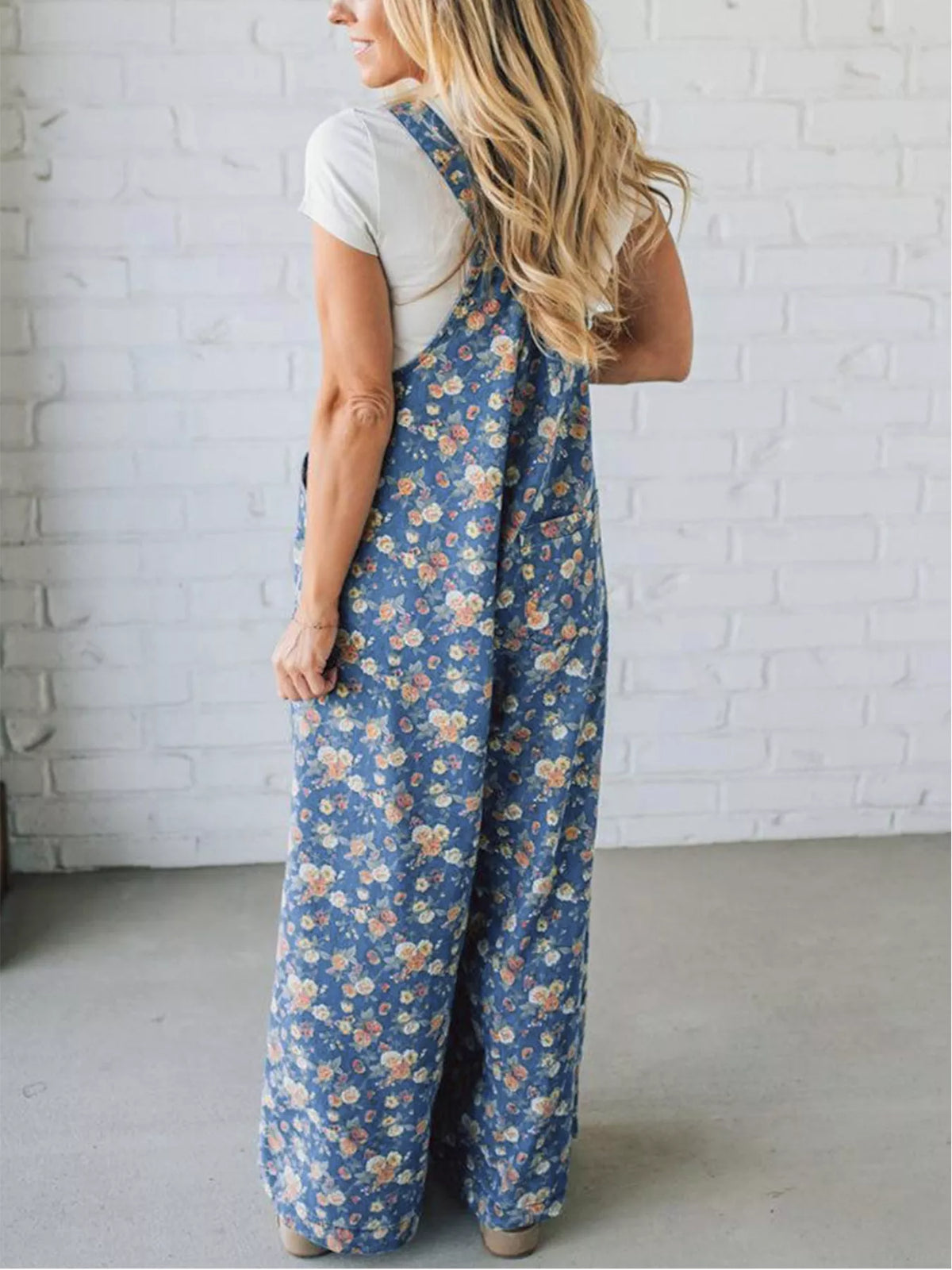 Floral Print Wide Leg Denim Overalls