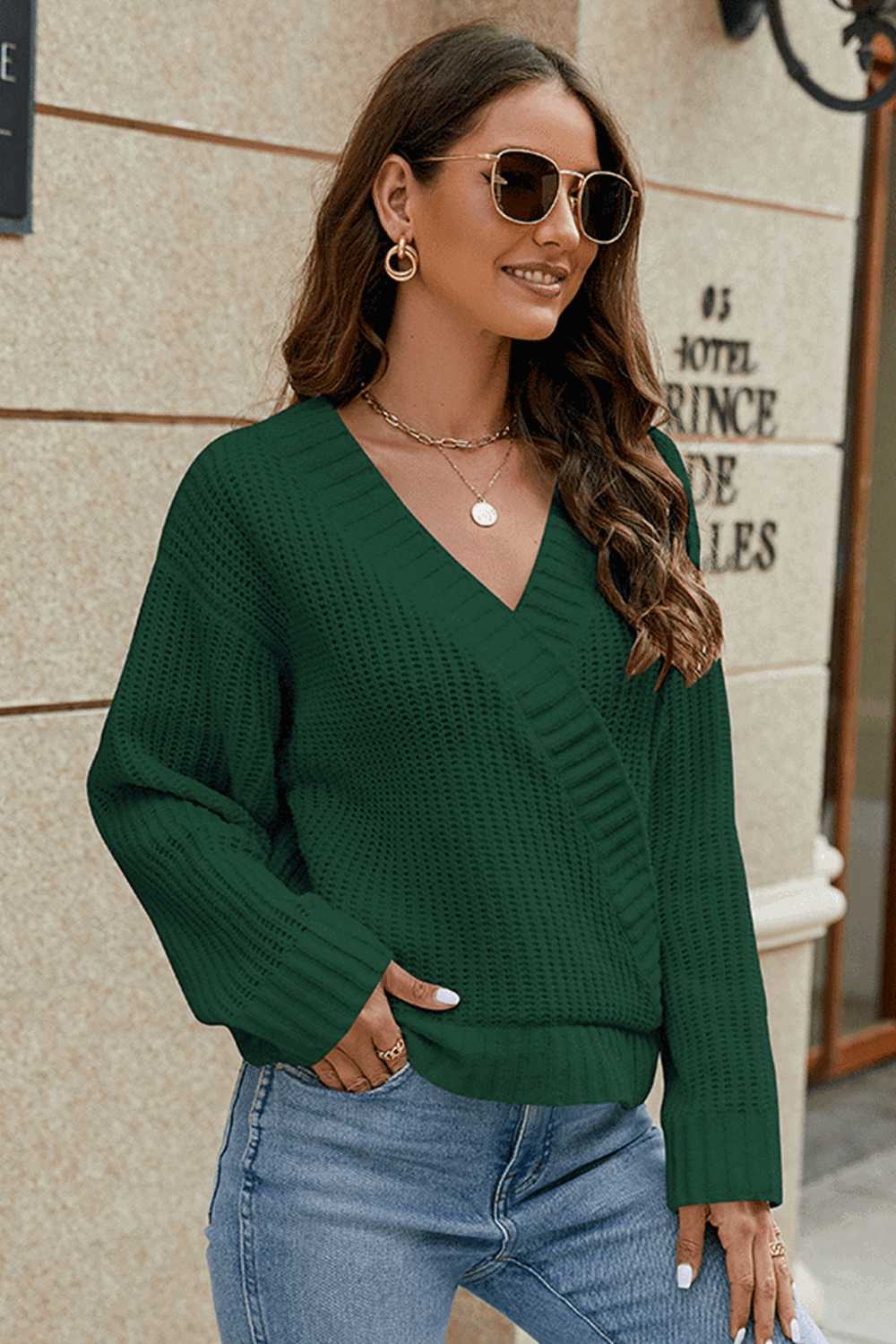 Surplice Neck Long Sleeve Sweater in Dark Green