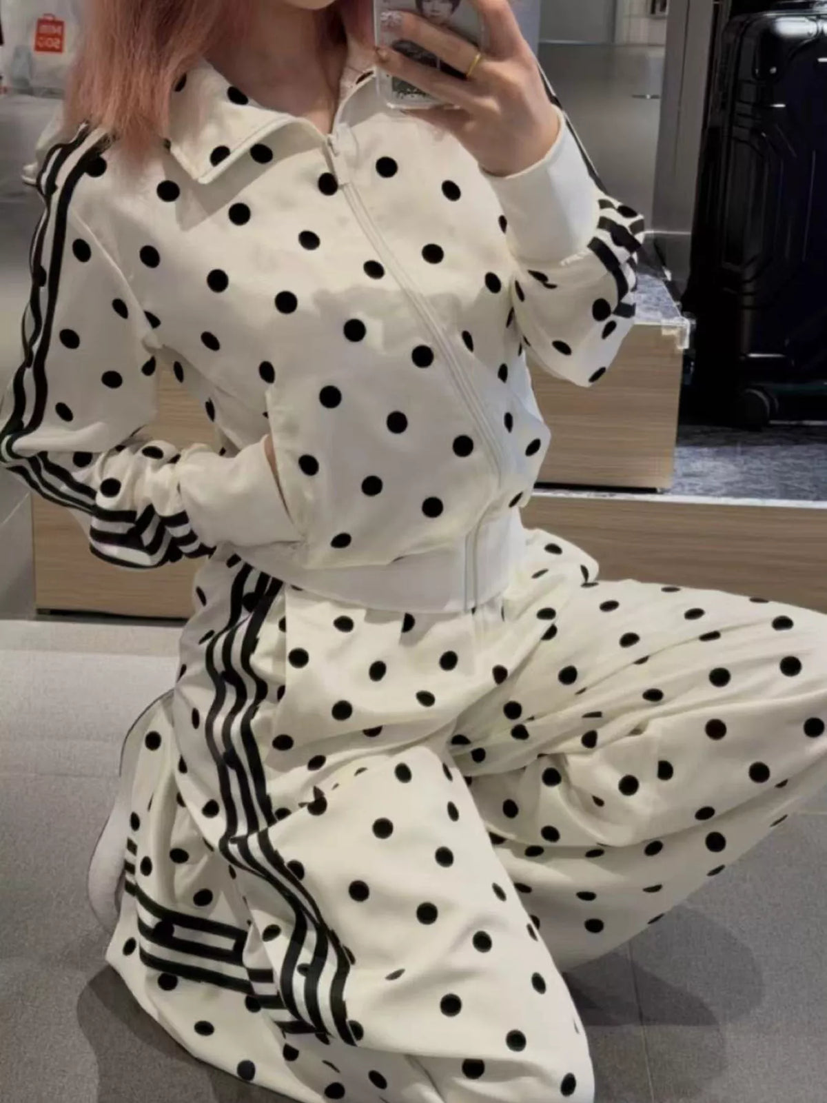 Polka Dot Side Striped Outerwear and Pants Set - Lilixa.store