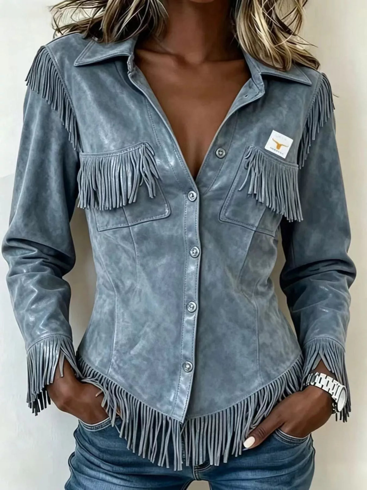 Full Size Fringed Snap Down Jacket Plus Size