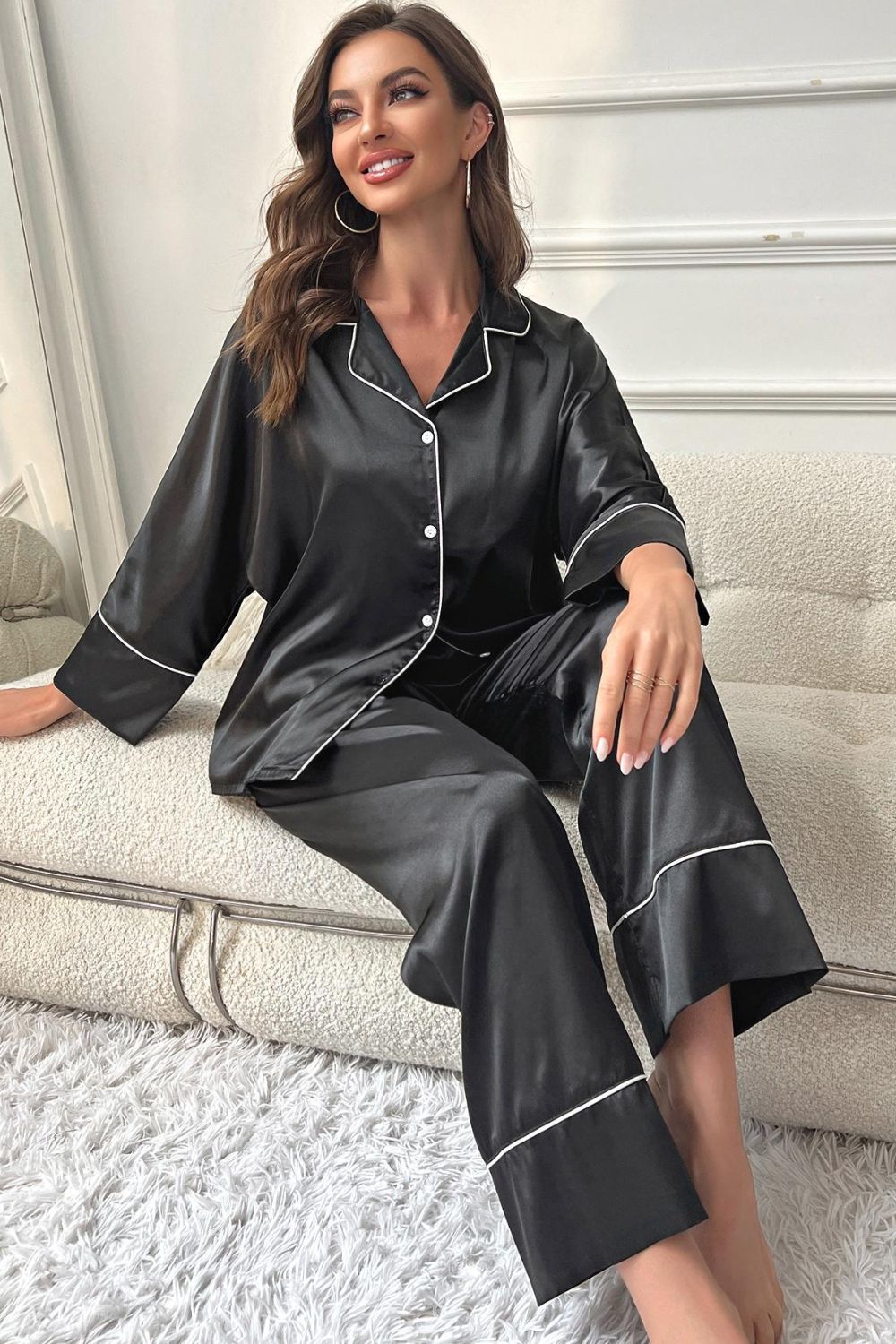 Contrast Piping Button-Up Top and Pants Pajama Set - Lilixa.store